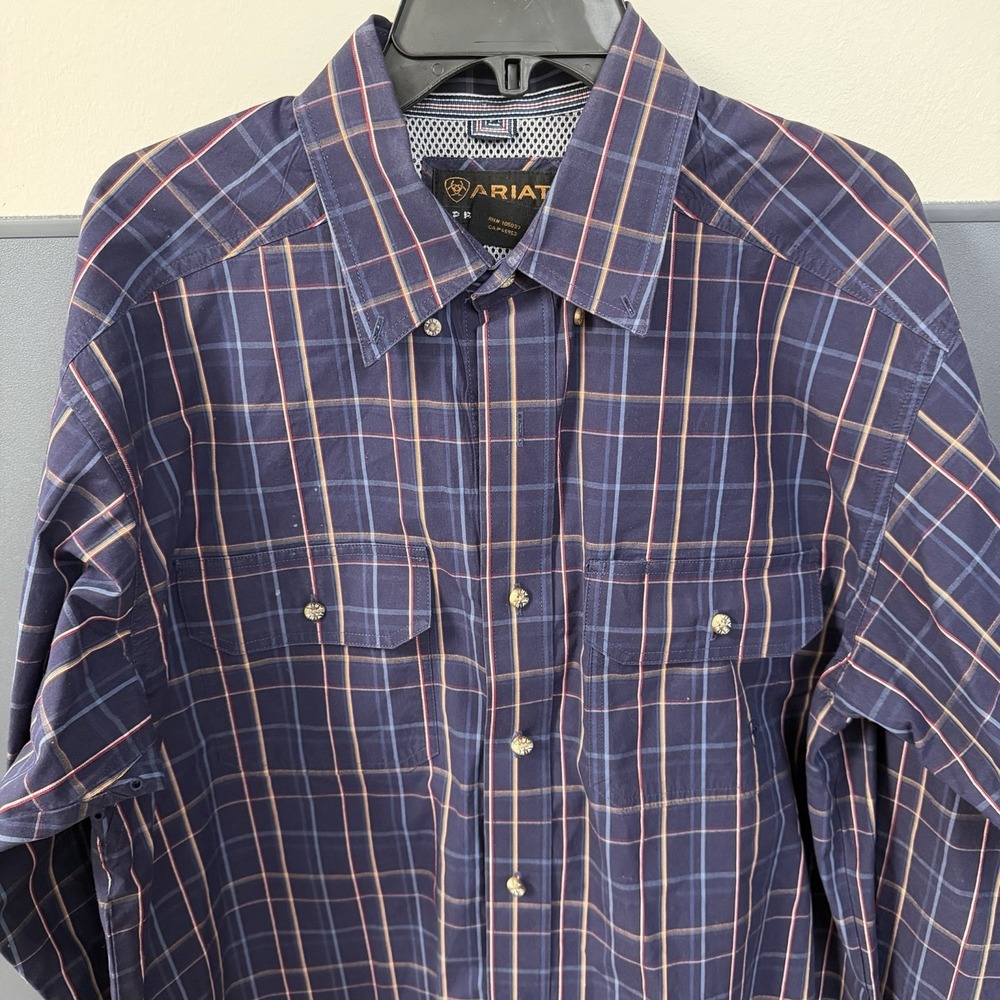 ARIAT PRO SERIES PLAID BUTTON SHIRT MENS LARGE BLUE COTTON POLYESTER‎